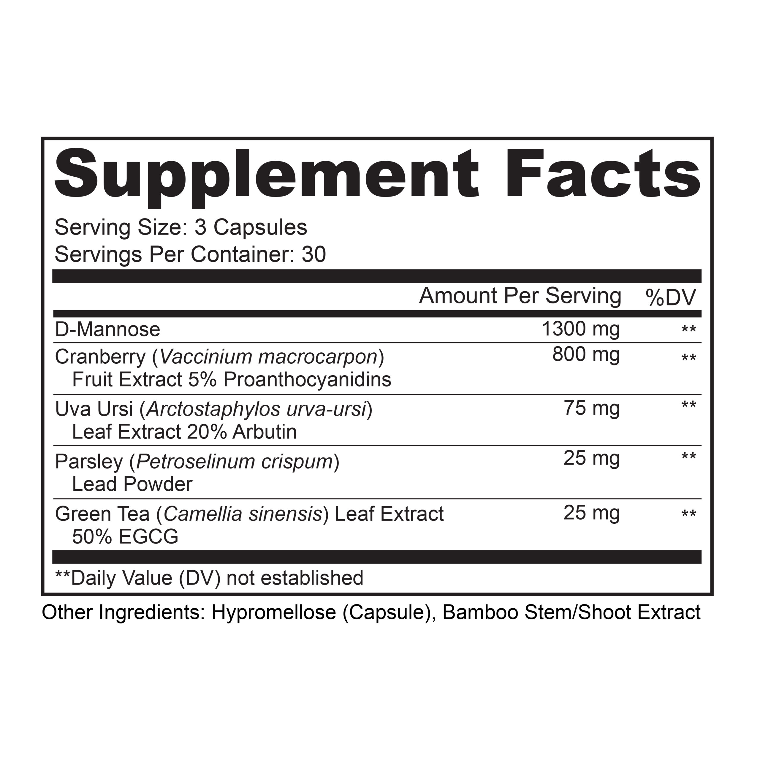 LivelyVitamin_UT-BYE90_Deck Supplement facts label for a UTI relief capsule, showing a serving size of 3 capsules and 30 servings per container. Key ingredients include 1300 mg of D-Mannose, 800 mg of cranberry extract (with 5% proanthocyanidins), 75 mg of uva ursi leaf extract (20% arbutin), 25 mg of parsley leaf powder, and 25 mg of green tea leaf extract (50% EGCG). Other ingredients listed are hypromellose (capsule) and bamboo stem/shoot extract.