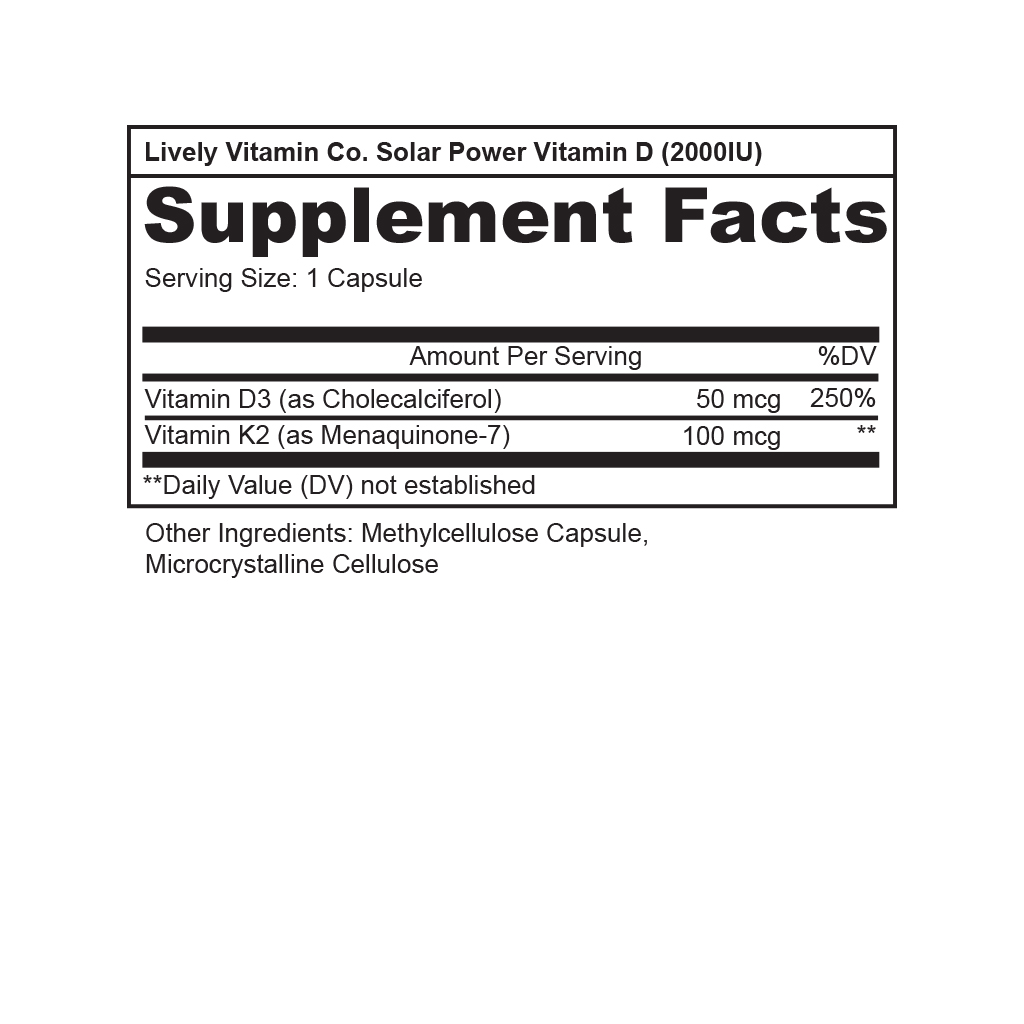 Lively Vitamin Co. Supplement Facts Solar Power 2000IU