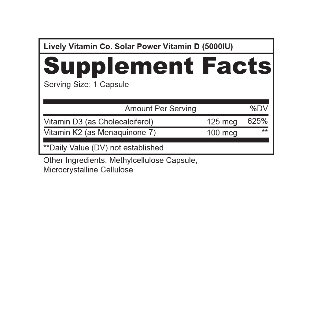 Lively Vitamin Co. Supplement Facts Solar Power 5000IU