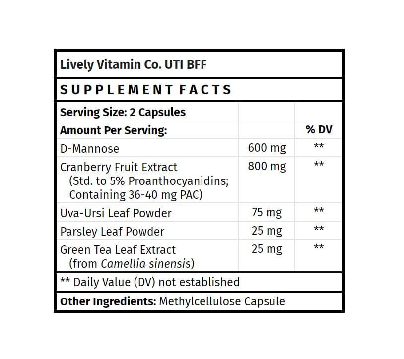 Lively Vitamin Co. UTI BFF Supplement Facts Label uti bff best cranberry supplement for uti supplements best cranberry pills for uti nutrition store madison wi lively vitamin co