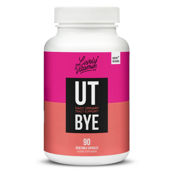 A white bottle of dietary supplements labeled “UTI BFF” from Lively Vitamin Co., marketed as “your bestie for UTI relief.” The label features a pink and coral color block design with black and white text, and notes the bottle contains 90 vegetable capsules and is “Doctor Reviewed.