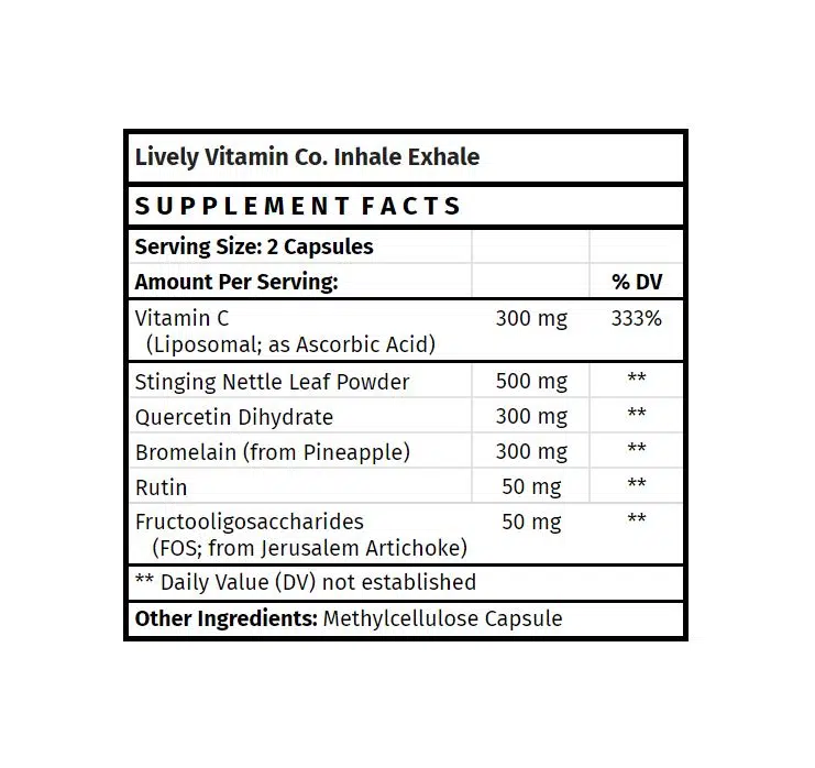 Lively Vitamin Co. Inhale Exhale Supplement Facts Label Lively Vitamin Co. Inhale Exhale 120 Capsules