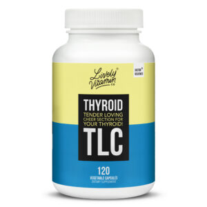 The front label of the Lively Vitamin Thyroid TLC 120 Vegetable Capsules bottle, showcasing the brand logo, product name, and tagline "Tender Loving Cheer Section for Your Thyroid!" in bold typography on a yellow and blue design.