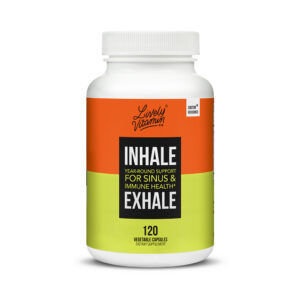 Lively Vitamin Co. Inhale Exhale supplement bottle with a two-tone orange and lime green label. Text on the front reads “Year-Round Support for Sinus & Immune Health,” and the bottle contains 120 vegetable capsules.