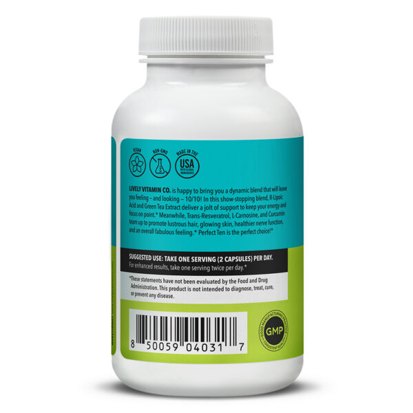 Rear view of Lively Vitamin Co. Perfect Ten bottle with product description, suggested use, and barcode. Highlights key benefits like glowing skin, healthier nerve function, and energy support from ingredients like R-Lipoic Acid, Green Tea Extract, Trans-Resveratrol, and L-Carnosine.