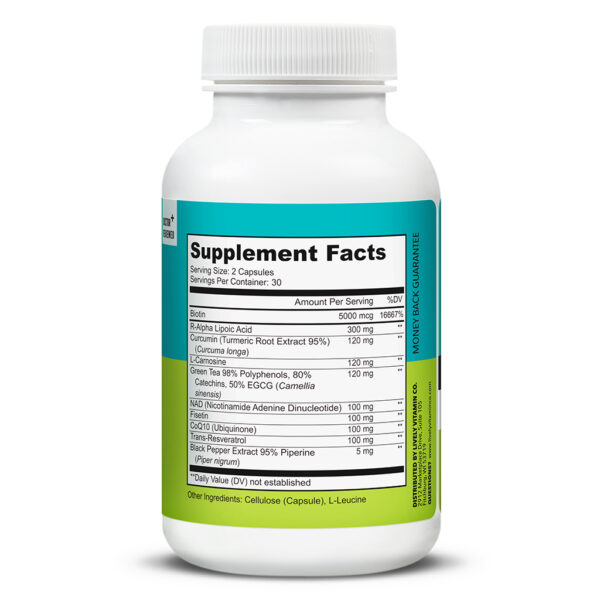 Back view of Lively Vitamin Co. Perfect Ten bottle showing the Supplement Facts label. Lists key ingredients including Biotin, Alpha Lipoic Acid, Curcumin, L-Carnosine, Green Tea Extract, NAD, CoQ10, and Black Pepper Extract with serving size of 2 capsules and 30 servings per container.