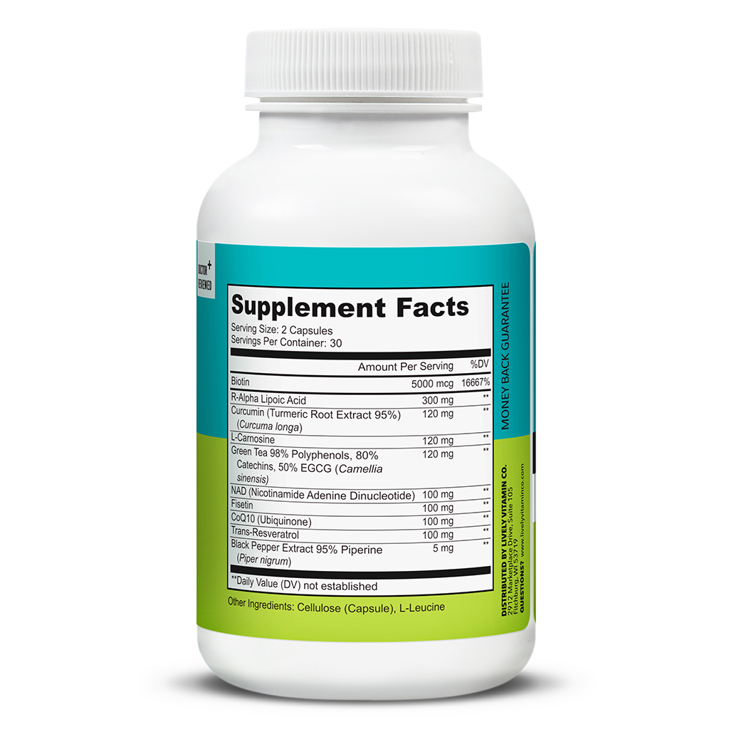 Lively Vitamin Co. Perfect Ten – Supplement Facts Panel, 60 Vegetable Capsules Back view of Lively Vitamin Co. Perfect Ten bottle showing the Supplement Facts label. Lists key ingredients including Biotin, Alpha Lipoic Acid, Curcumin, L-Carnosine, Green Tea Extract, NAD, CoQ10, and Black Pepper Extract with serving size of 2 capsules and 30 servings per container.