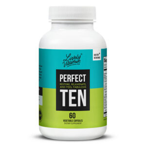 White bottle of Lively Vitamin Co. Perfect Ten with a teal and lime green label, featuring the text “Restore, Rejuvenate, and Feel Fabulous.” Contains 60 vegetable capsules designed as a dietary supplement.